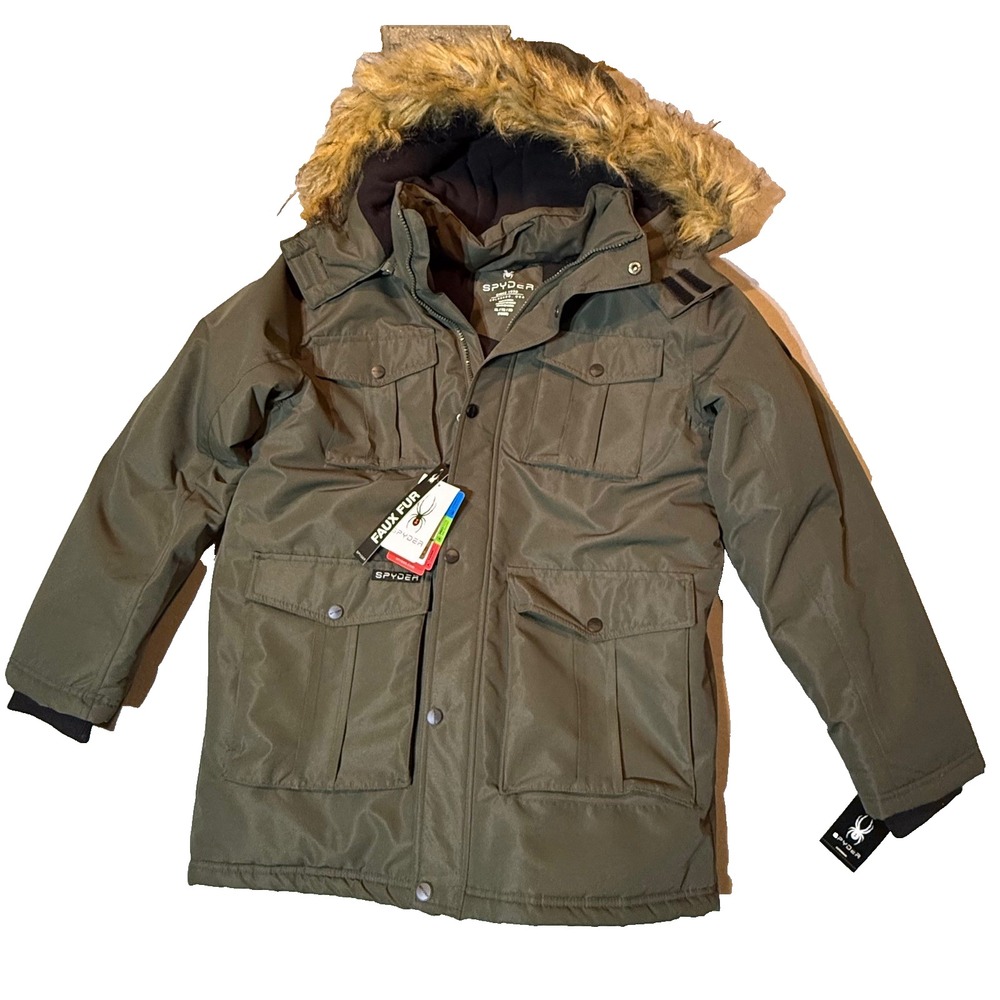NWT Spyder Boys Olive Green Faux Fur Hooded Winter Parka Jacket XL 18/20
